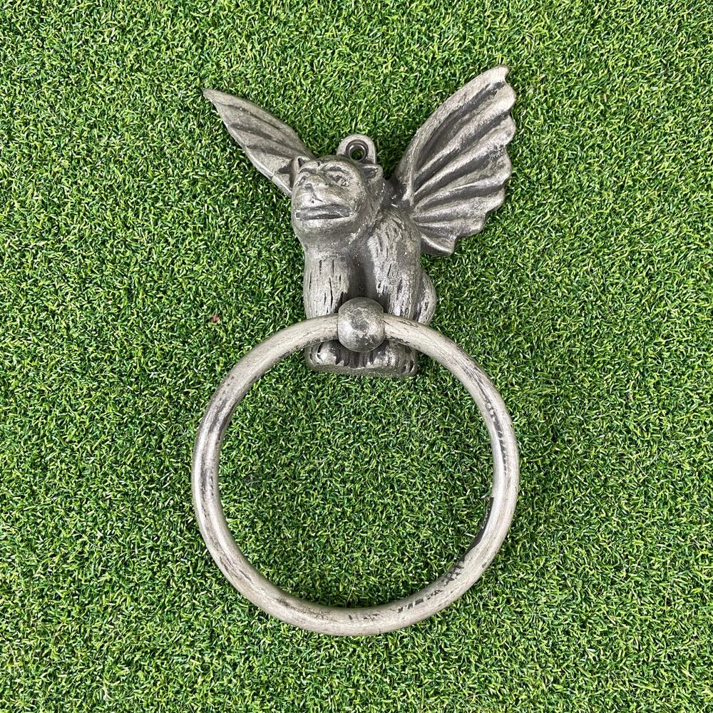 Vintage Pewter-Tone Gothic Cat Gargoyle Ring Fixture Small Door Knocker